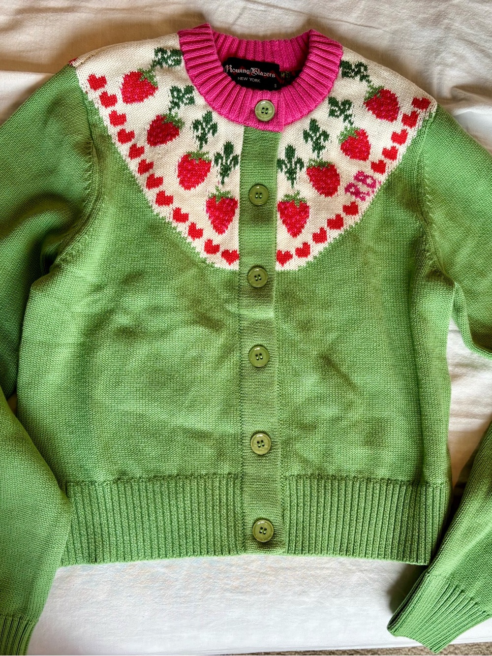 Rowing Blazers Green Strawberry Knit Cardigan with Pink Trim